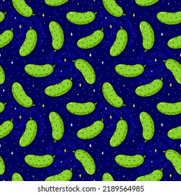 Cute funny cucumber in space,cosmos seamless pattern.Vector hand drawn doodle line cartoon kawaii illustration icon.Cucumber,pickle background seamless pattern concept
