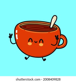 Cute funny cup of coffee character. Vector hand drawn cartoon kawaii character illustration icon. Isolated on blue background. Сup of coffee character concept