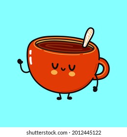 Cute funny cup of coffee character. Vector hand drawn cartoon kawaii character illustration icon. Isolated on blue background. Сup of coffee character concept