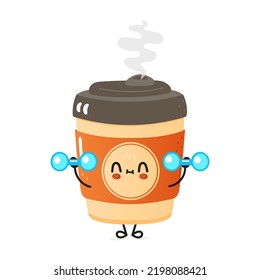 Cute funny cup of coffee character with dumbbells. Vector hand drawn cartoon kawaii character illustration icon. Isolated on white background. Happy cup of coffee character gym concept