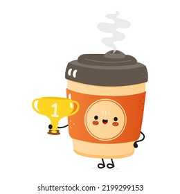 Cute funny cup of coffee hold gold trophy cup. Vector hand drawn cartoon kawaii character illustration icon. Isolated on white background. Happy cup of coffee with winner trophy cup