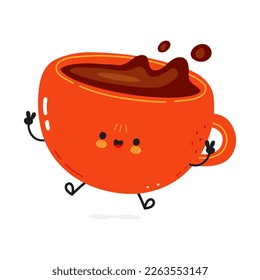 Cute funny Cup of coffee jumping character. Vector hand drawn cartoon kawaii character illustration icon. Isolated on white background. Happy Cup of coffee character concept