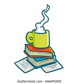 Cute and funny a cup of coffee on top of the books and paper - vector.