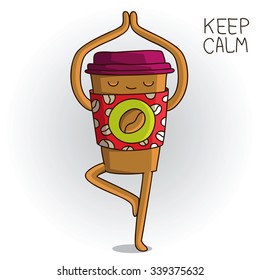 Cute and funny cup of coffee standing in tree pose. Yoga. Vector illustration drawn by hand.