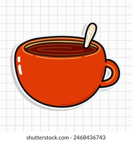 Cute funny Cup of coffee sticker. Vector hand drawn cartoon kawaii character illustration icon. Isolated on background. Happy Cup of coffee card character concept