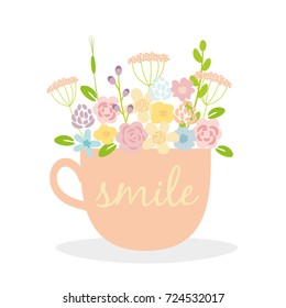 Cute funny Cup with flowers and the words - Smile.  Vector illustration in flat design.