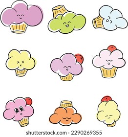 Cute Funny Cupcake Cartoon Characters in Cake and Frosting Cartoon