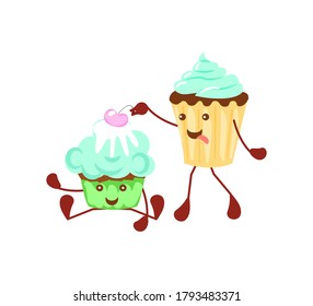 Cute funny cupcake characters isolated on white background. Beautiful simple cartoon design. Flat Art Vector Illustration