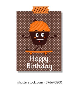 Cute and funny cupcake on a skateboard. Postcard, sticker, template, card . Cartoon. Vector.