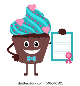 Cute and funny cupcake. Pudding with a diploma in hand. Cartoon. Vector illustration.