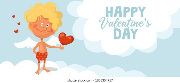 Ein süßes lustiges Cupdon steht auf einer Wolke und hält ein Herz in den Händen. Happy valentinstag Cartoon Vektorbanner oder Karte