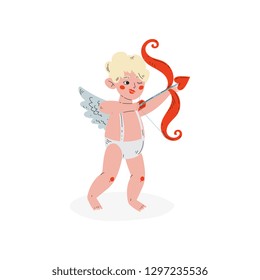 Cute Funny Cupid Aiming with Bow and Arrow of Love, Amur Baby Angel, Happy Valentine Day Symbol Vector Illustration