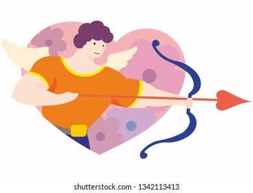 Cute Funny Cupid Aiming with Bow and Arrow of Love, Happy Valentine Day Symbol. Vector Illustration, design for poster, wedding, love.