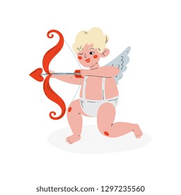 Cute Funny Cupid Aiming at Someone with Arrow of Love, Amur Baby Angel, Happy Valentine Day Symbol Vector Illustration