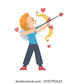 Cute Funny Cupid Boy, Adorable Joyful Kid Angel Cherub Shooting with Bow Cartoon Style Vector Illustration