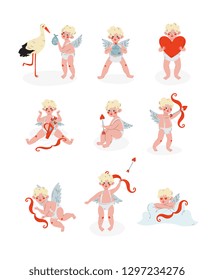 Cute Funny Cupid in Different Situations set, Amur Baby Angel, Happy Valentine Day Symbol Vector Illustration