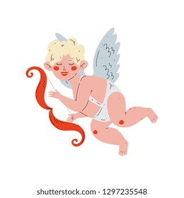 Cute Funny Cupid Flying with Bow, Amur Baby Angel, Happy Valentine Day Symbol Vector Illustration