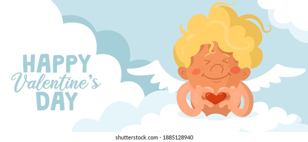 El gracioso cupido se dobló los dedos para formar una señal de corazón. Caricatura vectorial tarjeta de San Valentín