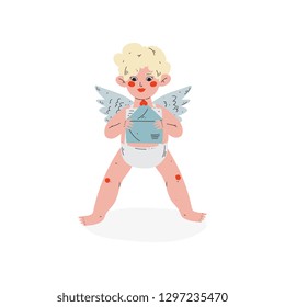 Cute Funny Cupid Holding Envelope with Love Letter, Amur Baby Angel, Happy Valentine Day Symbol Vector Illustration