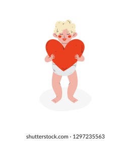 Cute Funny Cupid Holding Red Heart, Amur Baby Angel, Happy Valentine Day Symbol Vector Illustration
