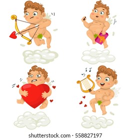 Cute funny cupid on a cloud with a bow and arrow, box chocolates, hearts, and playing music on the lyre. Illustration of a Valentine's Day. Vector set.