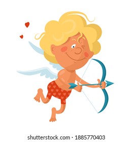 Cute funny cupid in red panties shoots a bow. Cartoon vector illustration isolated on white background
