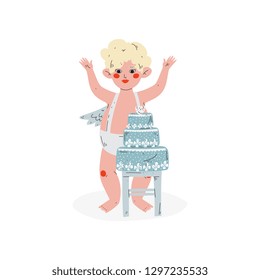 Cute Funny Cupid and Wedding Cake, Amur Baby Angel, Happy Valentine Day Symbol Vector Illustration