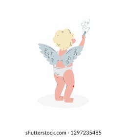 Cute Funny Cupid Writing Formula of Love, Amur Baby Angel, Happy Valentine Day Symbol Vector Illustration
