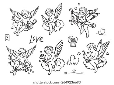 Cupidos engraçados bonitos sentados em nuvens. Amor e dia dos namorados. Vetor isolado de imagem desenhada à mão em preto.
