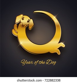 Cute funny dachshund dog, round logo, vector illustration, Happy new year 2018