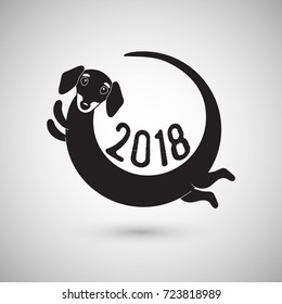 Cute funny dachshund dog, round logo, vector illustration, Happy new year 2018