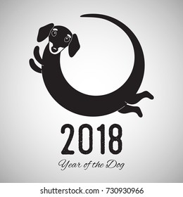 Cute funny dachshund dog, round logo, vector illustration, Happy new year 2018