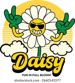 Cute Funny Daisy Flower Character in 70s Retro Cartoon Illustration. Design for sticker, badge, patch, banner, greeting card, invitation