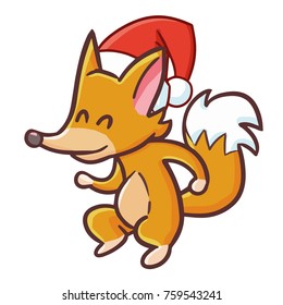 Cute and funny dancing fox wearing Santa's hat for Christmas and smiling - vector.