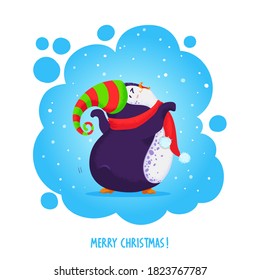 Cute funny dancing penguin in an elven hat and red scarf. Merry Christmas greetings. Vector illustration in cartoon style. Great for print, decor and web design. 