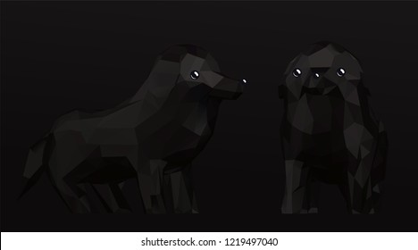 Cute Funny Dark Cartoon Dogs Set. Vector Dog Low Poly 3D Rendering