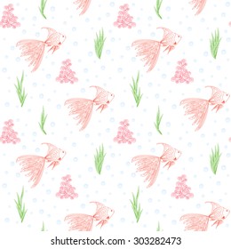 Cute funny decorative seamless background pattern with repeating elements such as goldfish, alga, coral and bubbles outline on the white fond. Vector illustration eps 10