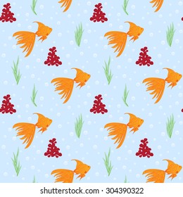 Cute funny decorative seamless background pattern with repeating elements such as goldfish, alga, coral and bubbles in blue water. Vector illustration eps 10