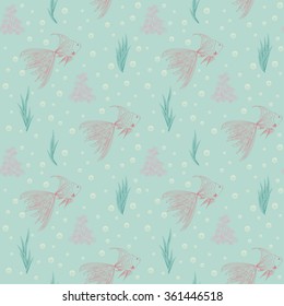 Cute funny decorative seamless background pattern with repeating elements such as goldfish, alga, coral and bubbles contour silhouette on the blue background. Vector illustration eps