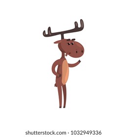 Cute funny deer cartoon character making attention gesture vector Illustration on a white background