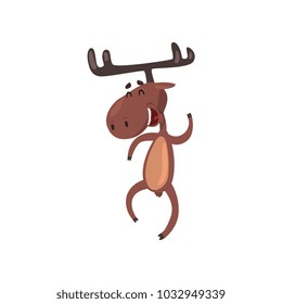 Cute funny deer cartoon character with antlers having fun and jumping on two legs vector Illustration on a white background