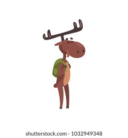 Cute funny deer cartoon character with antlers walking with backpack vector Illustration on a white background
