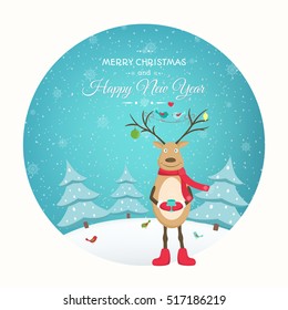 Cute funny deer cartoon character and colourful birds. Horns antlers decorated with baubles. Reindeer animal holding a hot beverage cup. Winter snow trees landscape. Christmas New Year card cutout.