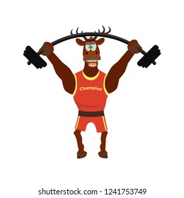 Cute  funny deer in sport uniform and lifted barbell. Vector illustration  isolated  white background. Cartoon style.