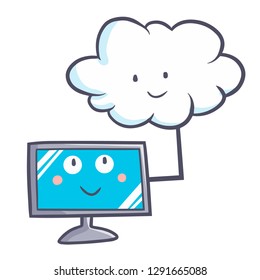 Cute and funny desktop computer connecting to cloud - vector.