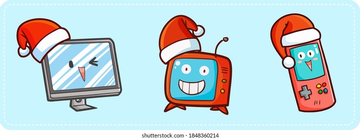 Cute and funny desktop PC, TV, and videogame portable  wearing Santa's hat for Christmas