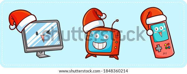 Cute and funny desktop PC, TV, and\
videogame portable  wearing Santa\'s hat for\
Christmas