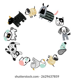 Cute funny different dog, puppy faces round frame.Hand drawn color vector illustration, isolated on white.  Wreath. Copy space.