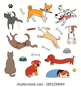 Cute funny different dogs, puppies clipart collection. Hand drawn color vector illustration, isolated on white. Line art. Pet logo, icon set. Design concept for trendy poster, t-shirt, fashion print.