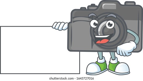 Cute funny digital camera cartoon character having a board